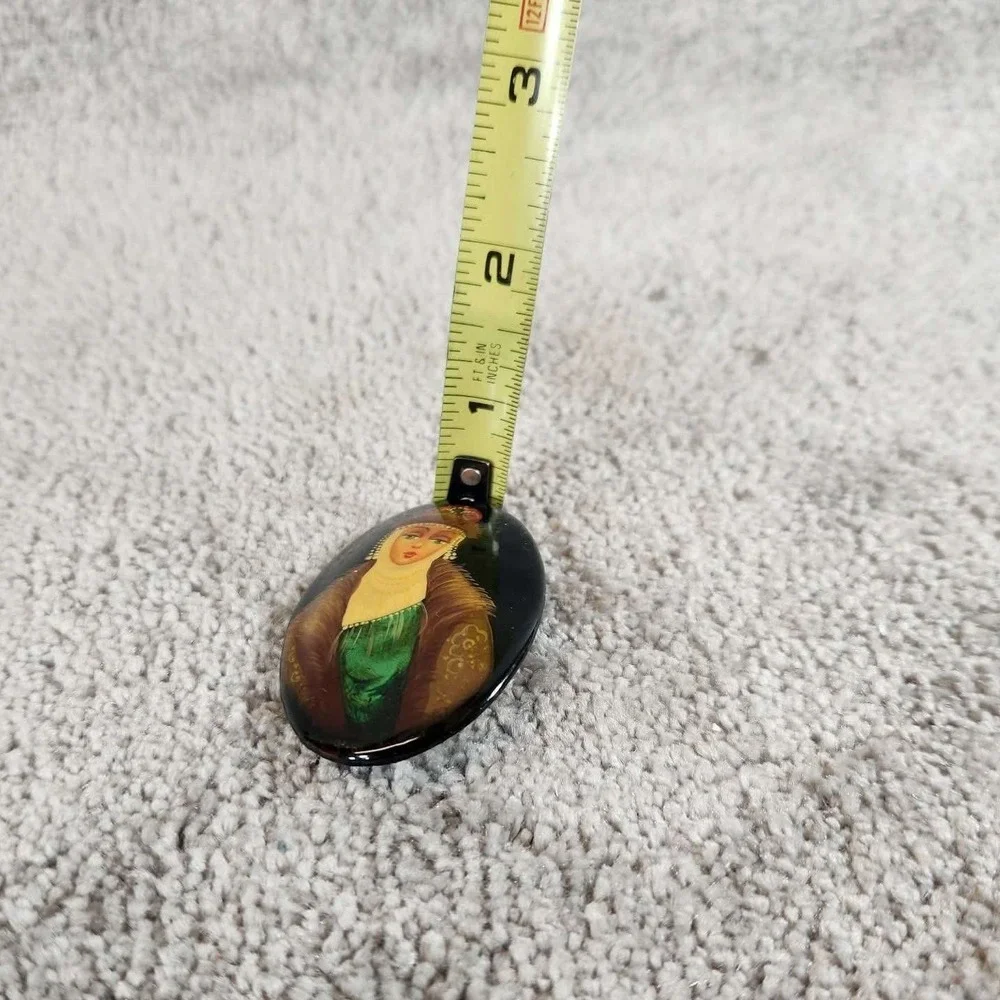 Russian Lacquer Brooch Black Hand Painted Portrait Women